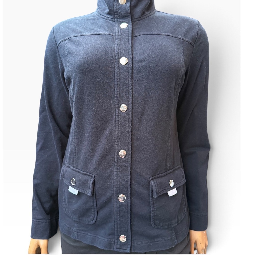 Karen Scott Sport Snap Front Jacket Mock Neck Utility Pockets Black Preppy M